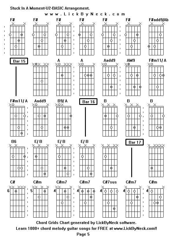 Chord Grids Chart of chord melody fingerstyle guitar song-Stuck In A Moment-U2-BASIC Arrangement,generated by LickByNeck software.